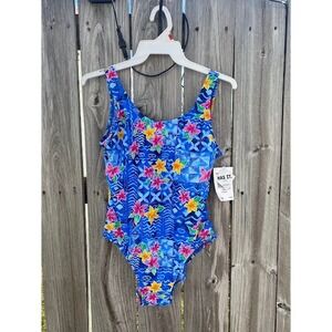 Vintage Islander Tropical Floral One Piece Swimsuit Blue Pink Yellow Womens 16